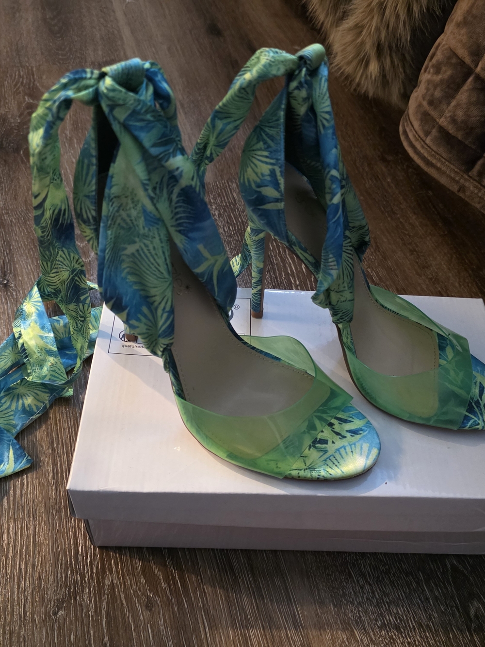 Tropical Leaf Green Lace-Up High Heel Sandals